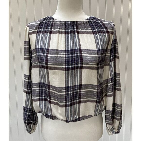 Anthropology Cloth &Stone Dark Purple Cream Plaid Elastic Neck Waist Crop Top-PS - Picture 2 of 12